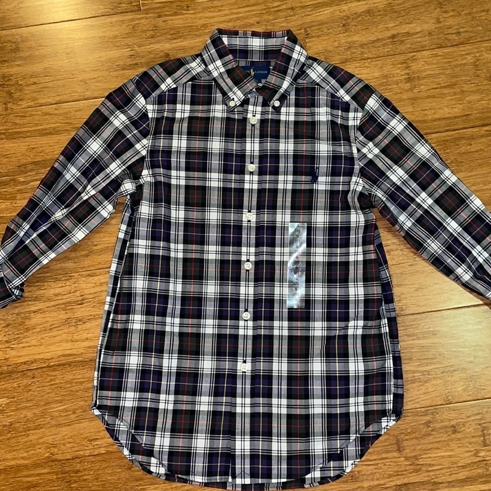 NWOT Ralph Lauren boys navy plaid long sleeved button down shirt size 8.